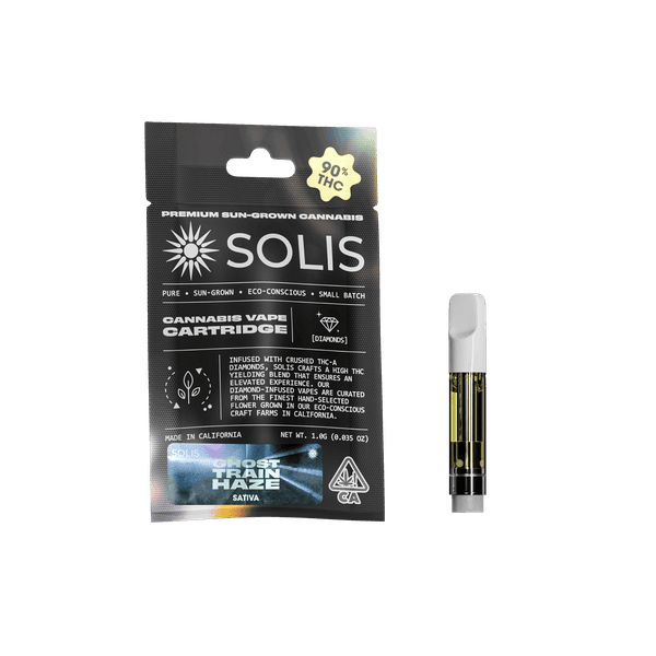 A photograph of Solis Diamond Enhanced Cartridge 1g Sativa Ghost Train Haze