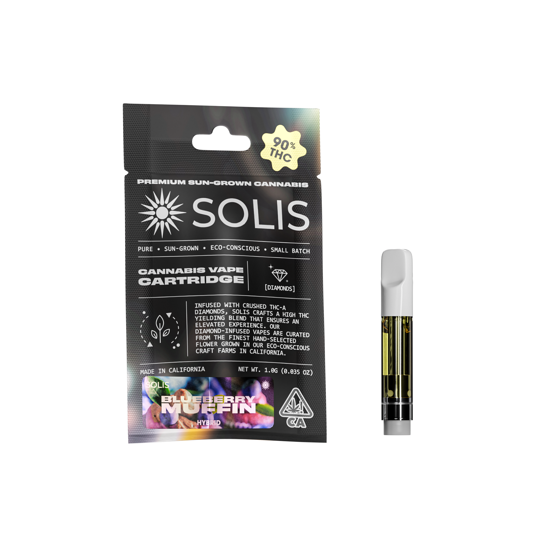 A photograph of Solis Diamond Enhanced Cartridge 1g Hybrid Blueberry Muffin