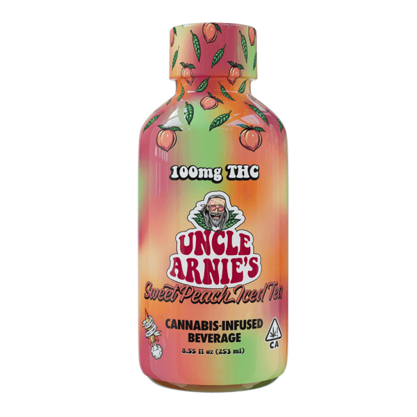 A photograph of Uncle Arnie's Beverage 8oz Sweet Peach Iced Tea 100mg THC 12pk