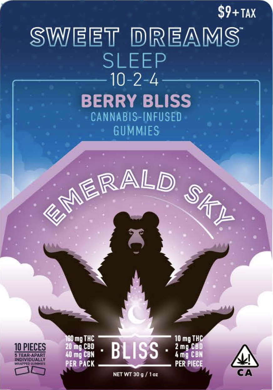 A photograph of Emerald Sky Sweet Dreams Gummies 5ct 100mg Indica Berry Bliss 10:2:4 THC/CBD/CBN