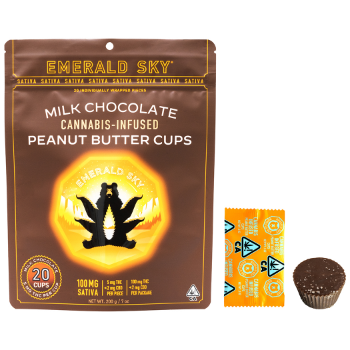 A photograph of Emerald Sky Peanut Butter Cups 20ct 100mg Sativa Milk Chocolate