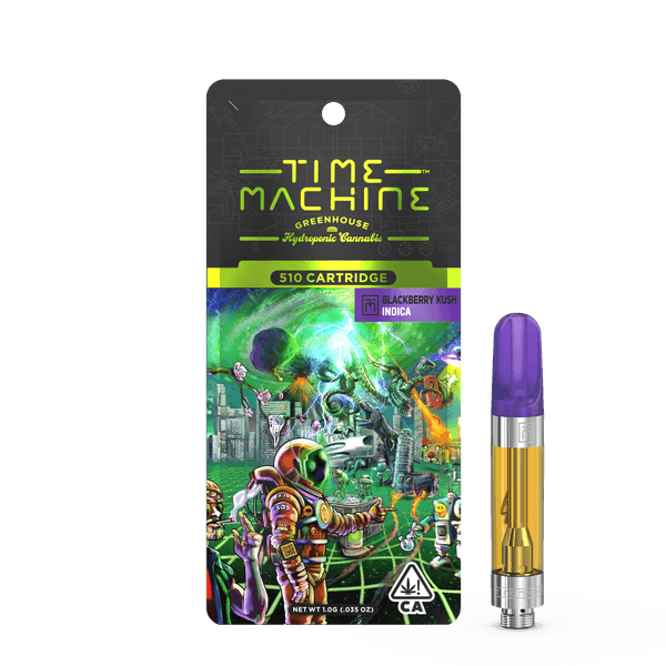 A photograph of Time Machine Cartridge 1g Indica Blackberry Kush