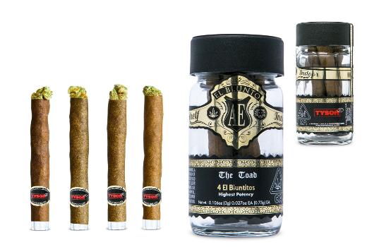 A photograph of AE GOLD El Bluntito x Tyson 2.0 .75g 4pk Indica The Toad 3g