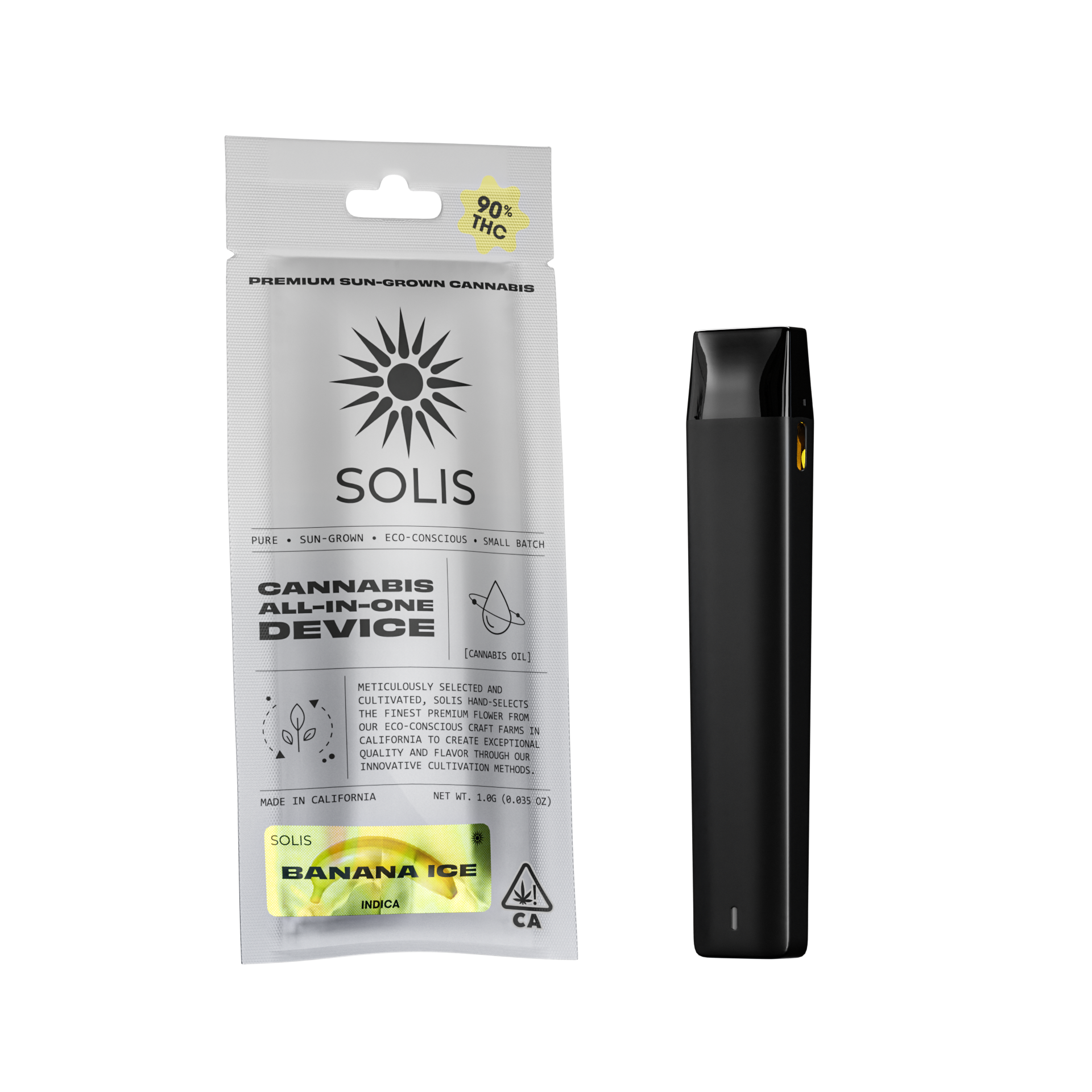 A photograph of Solis All-In-One Vape 1g Indica Banana Ice