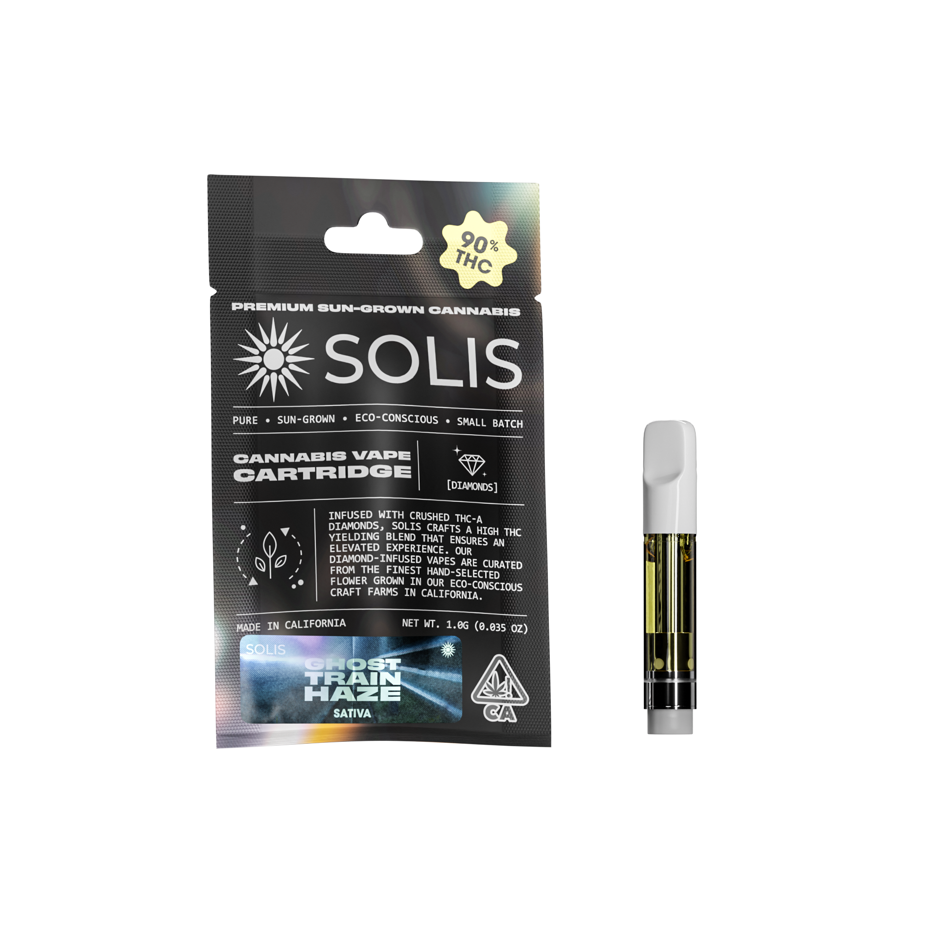 A photograph of Solis Diamond Enhanced Cartridge 1g Sativa Ghost Train Haze