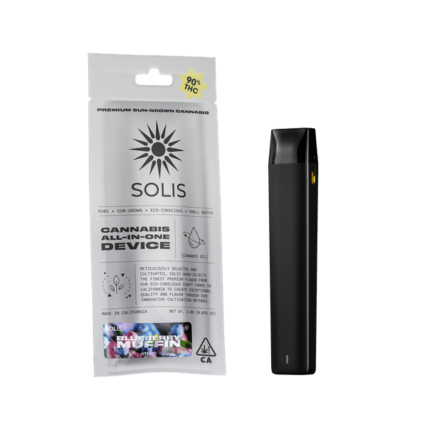 A photograph of Solis All-In-One Vape 1g Hybrid Blueberry Muffin