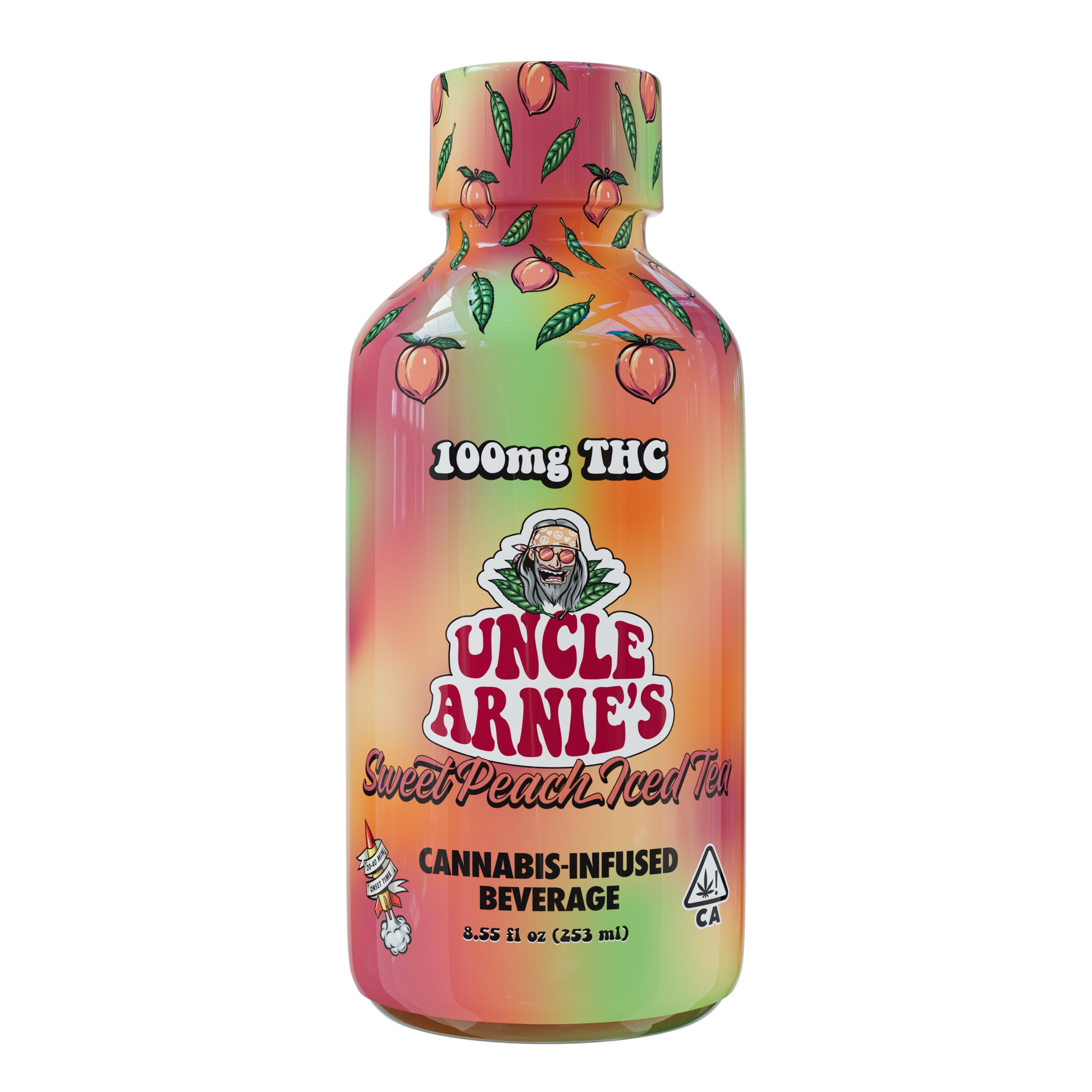 A photograph of Uncle Arnie's Beverage 8oz Sweet Peach Iced Tea 100mg THC
