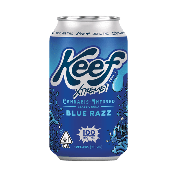 A photograph of Keef 100mg Blue Razz Xtreme Classic Soda 12oz