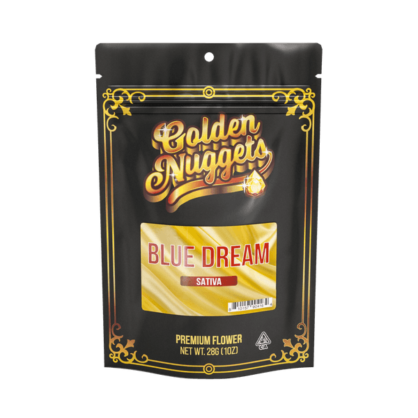 A photograph of Golden Nuggets Flower 28g Bag Sativa Blue Dream