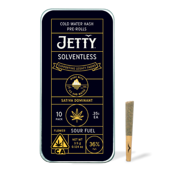 A photograph of Jetty Solventless Preroll Sour Fuel 10pk