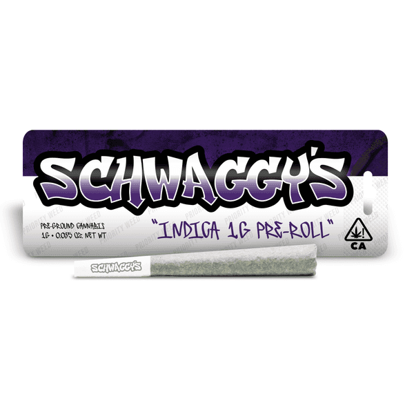 A photograph of Schwaggys 1g Preroll Indica Blend