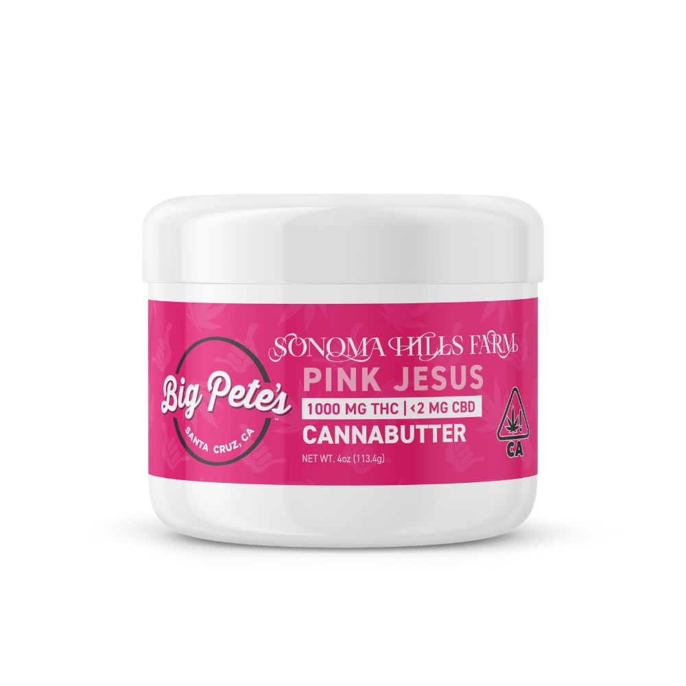 A photograph of Big Pete's Cannabutter Pink Jesus Jar 1,000mg THC