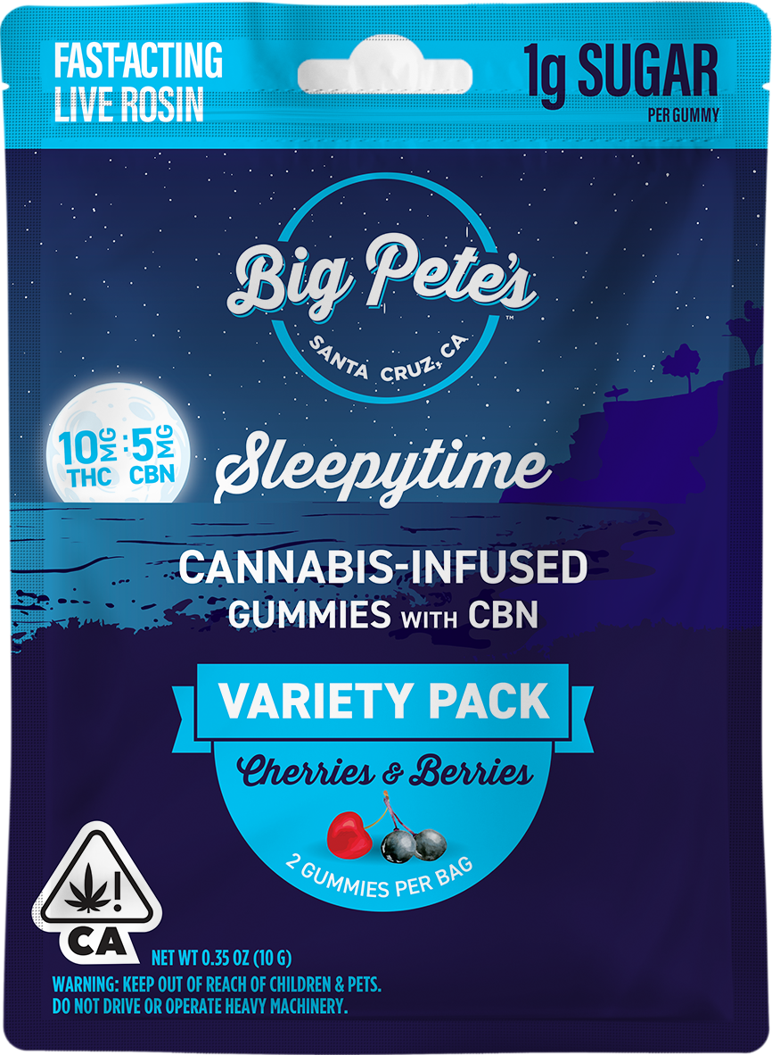 A photograph of Big Pete's Gummies Sleepytime Fast-Acting Indica Cherries & Berries 2:1 2pk