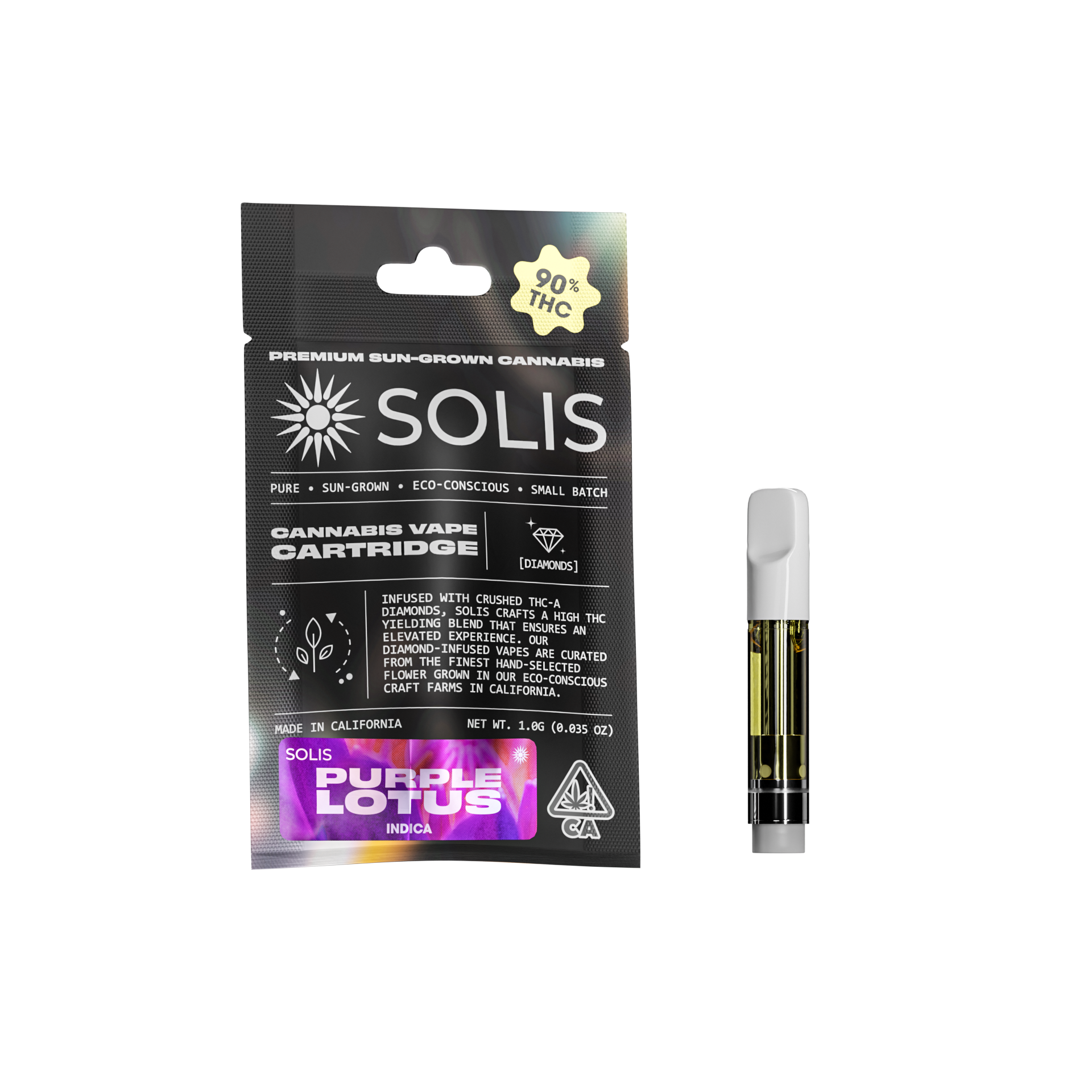 A photograph of Solis Diamond Enhanced Cartridge 1g Indica Purple Lotus