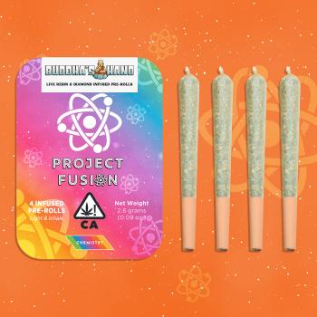 A photograph of Chemistry Live Resin & Diamond Infused Preroll 4pk Buddha's Hand