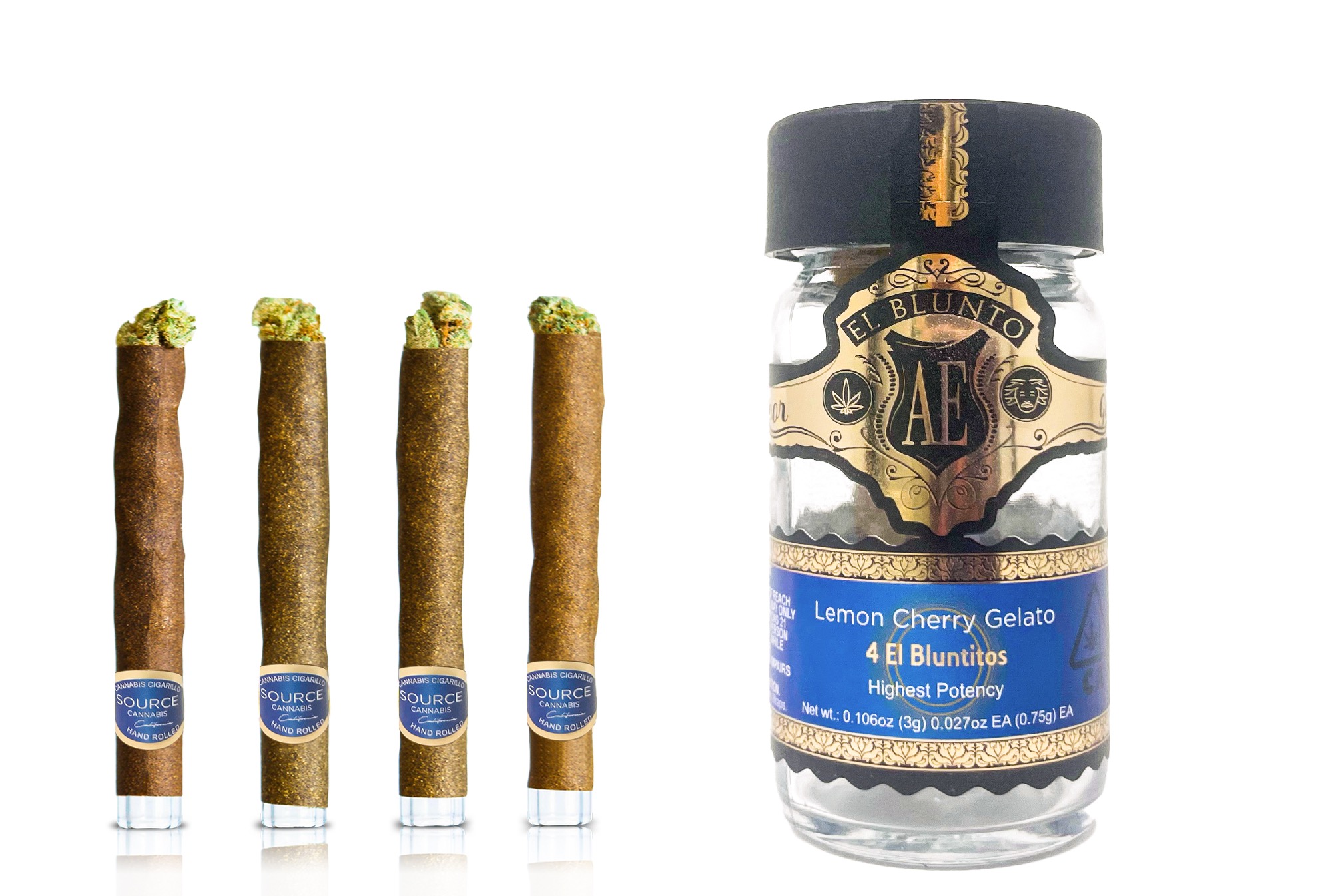 A photograph of El Blunto x Source Gold Bluntito .75g Lemon Cherry Gelato 4pk 3g