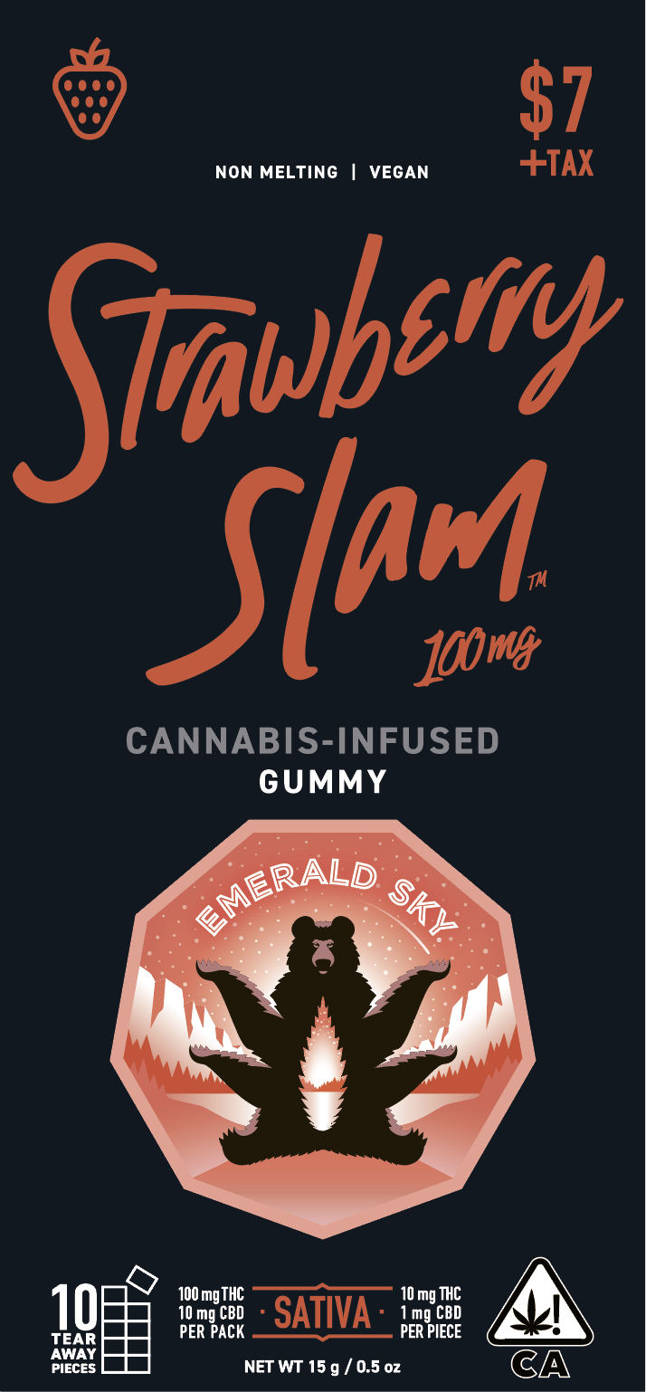 A photograph of Emerald Sky Gummies 1ct 100mg Sativa Strawberry Slam (Register 48pk)