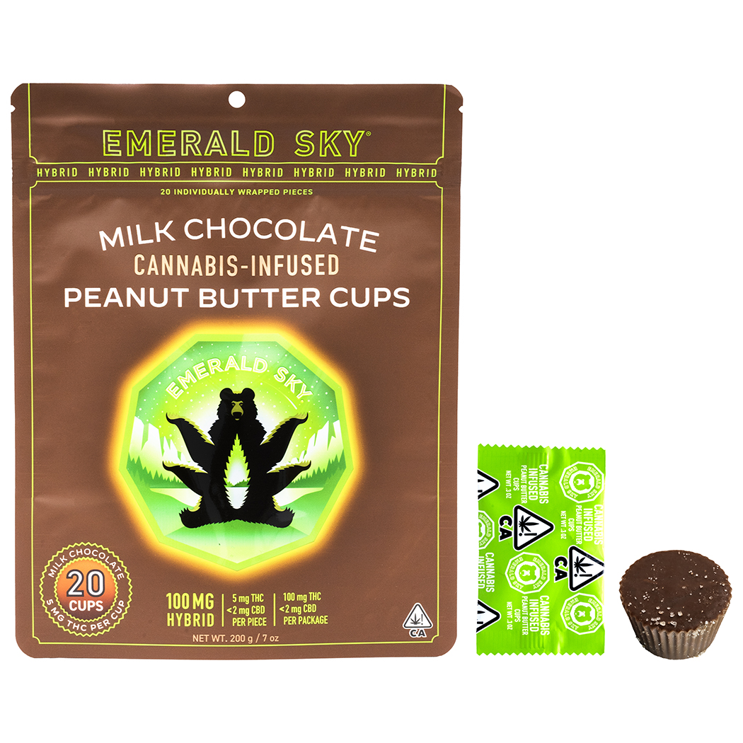 A photograph of Emerald Sky Peanut Butter Cups 20ct 100mg Hybrid Milk Chocolate