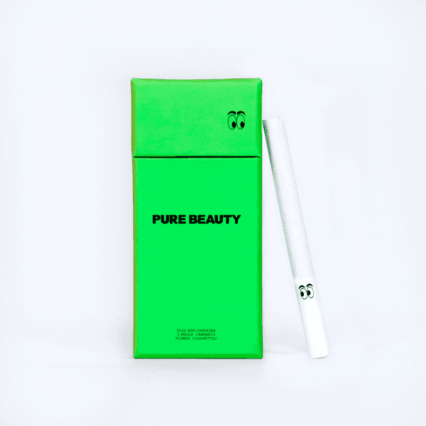 A photograph of Pure Beauty Cannabis Cigarettes 5pk Hybrid Green Box 16ct