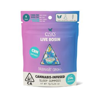 A photograph of CLSICS Live Rosin Gummies Indica CBN Midnight Cereal 2-Piece