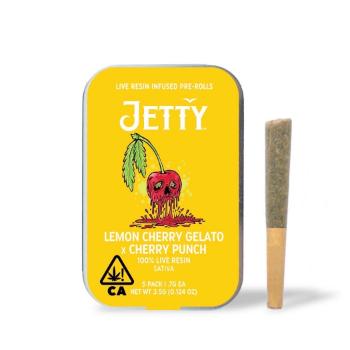 A photograph of Jetty Live Resin Preroll Lemon Cherry Gelato x Cherry Punch 5pk