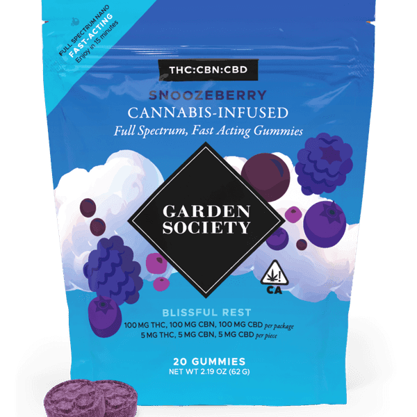 A photograph of Garden Society Gummy Snoozeberry 1:1:1 THC/CBN/CBD 100mg 20pk