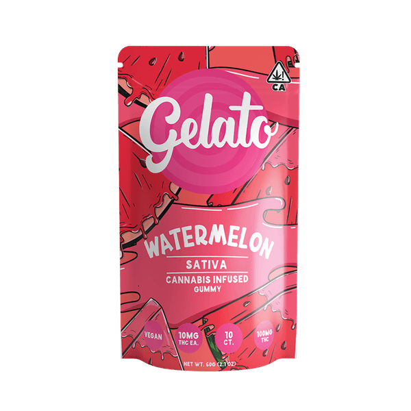 A photograph of Gelato Gummies 100mg Sativa Watermelon 10ct