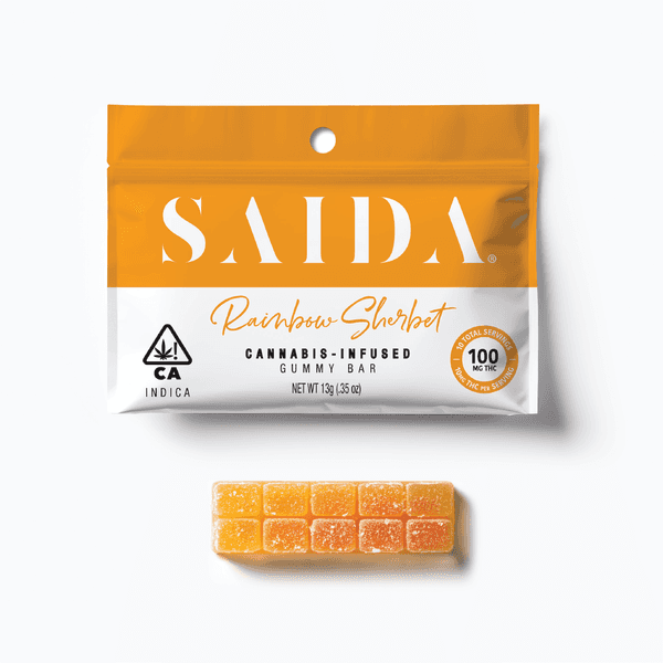 A photograph of Saida Gummy Bar 100mg Indica Rainbow Sherbet