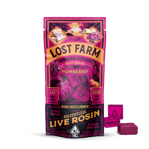 A photograph of Lost Farm Chews Pomberry Kush Mints Punch Rosin