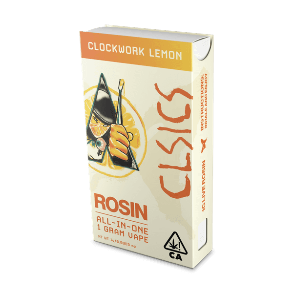 A photograph of CLSICS Live Rosin All-In-One Cartridge 1g Sativa Clockwork Lemon