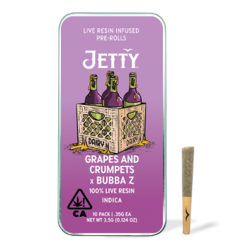 A photograph of Jetty Live Resin Preroll Grapes and Crumpets x Bubba Z 10pk
