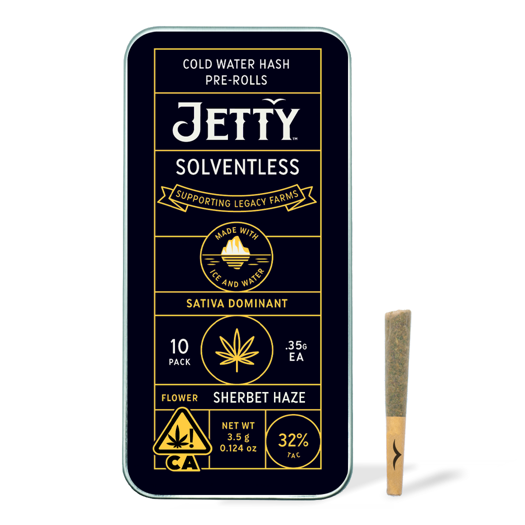 A photograph of Jetty Solventless Preroll Sherbet Haze 10pk