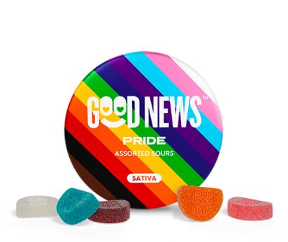 A photograph of Good News Sour Pride Gummy 100mg, 10pc Tin